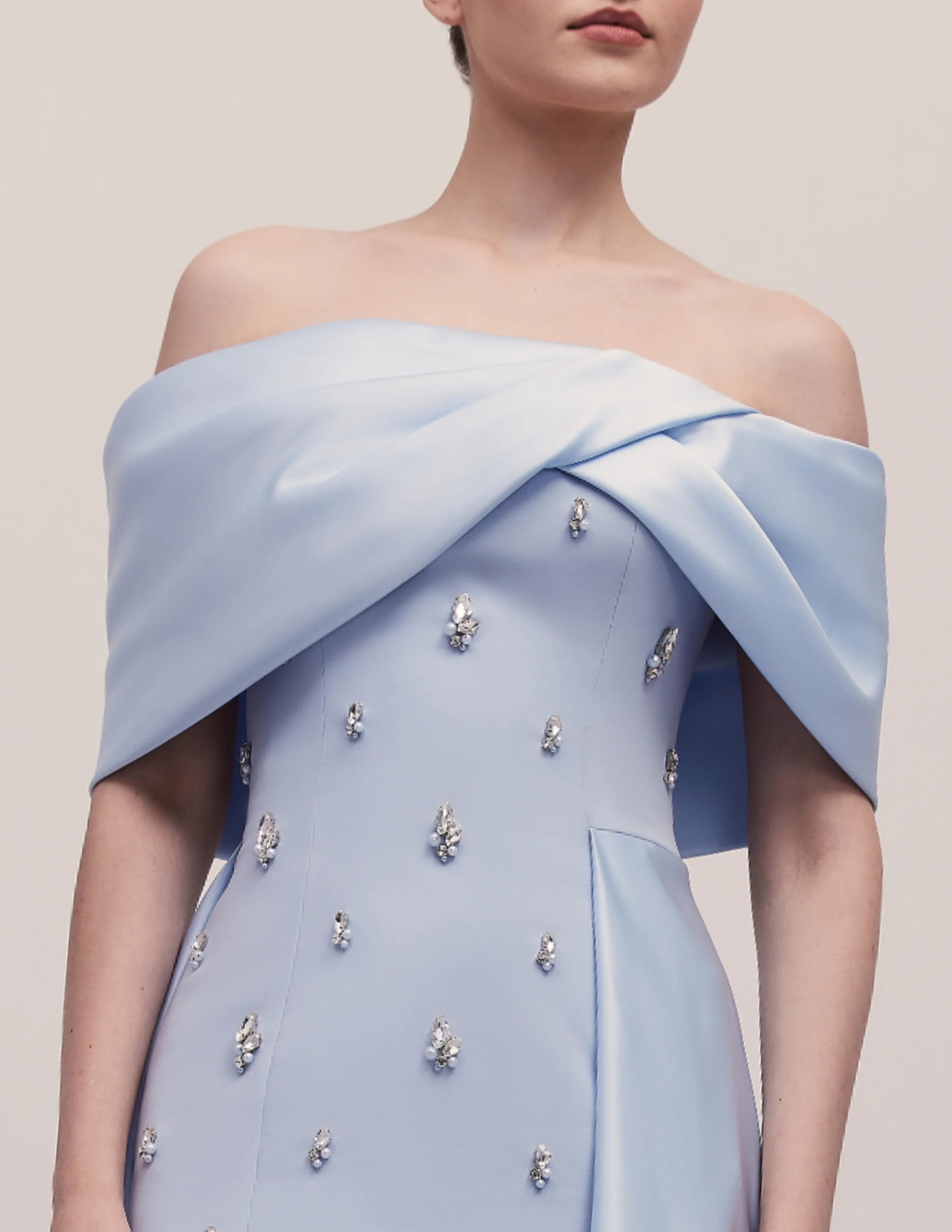 Luxury Blue Beaded High-Slit Evening Dress with Overskirt SF301