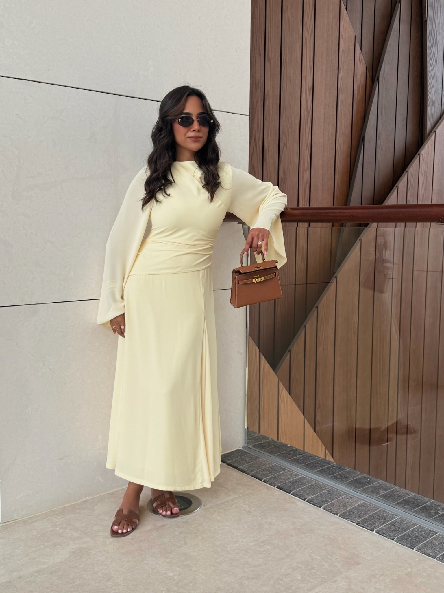 Elegant Yellow Ruched Bodycon Chiffon Long Sleeve Evening Dress SF128