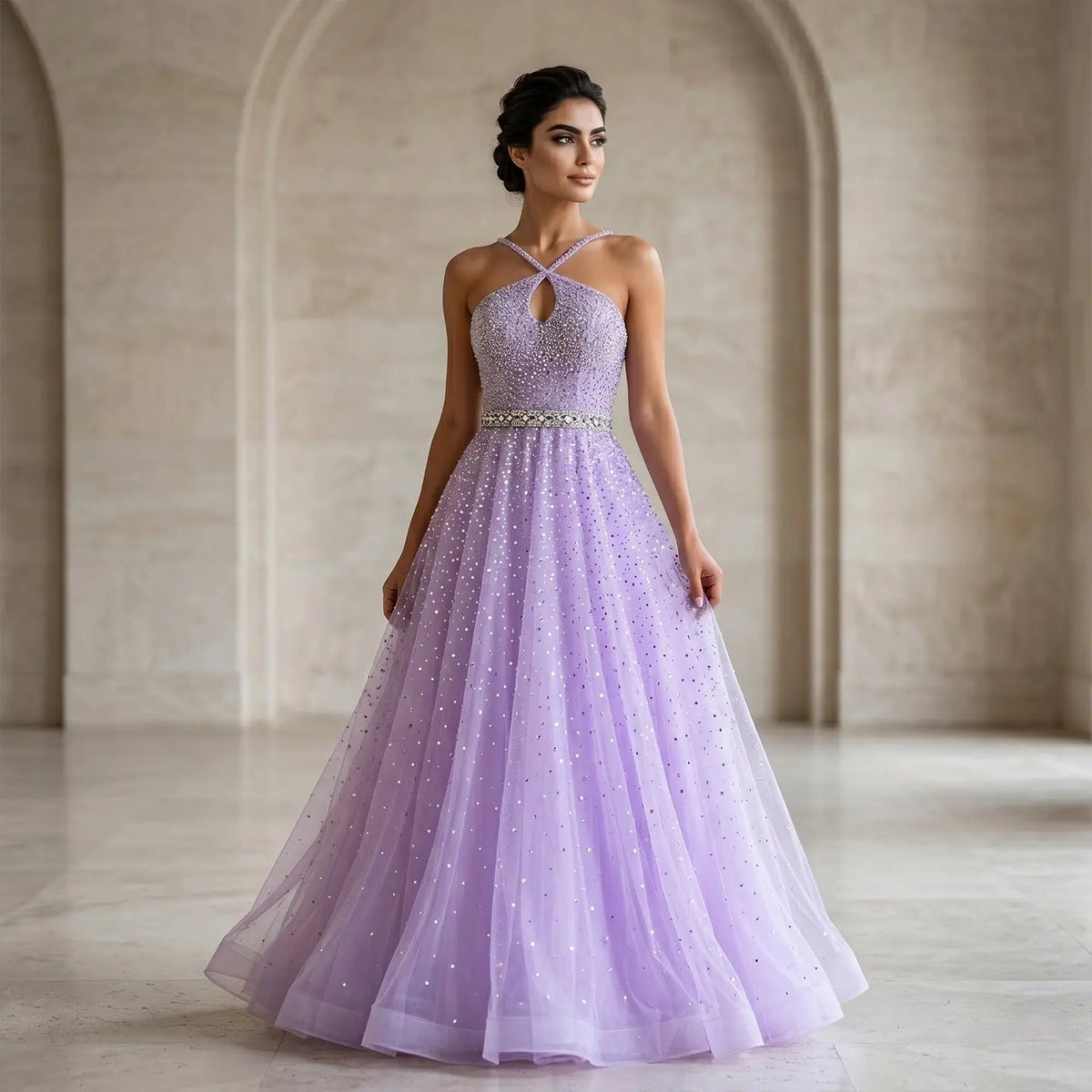 Luxury Dusty Pink Beaded Halter Neck A-Line Evening Dress SS580