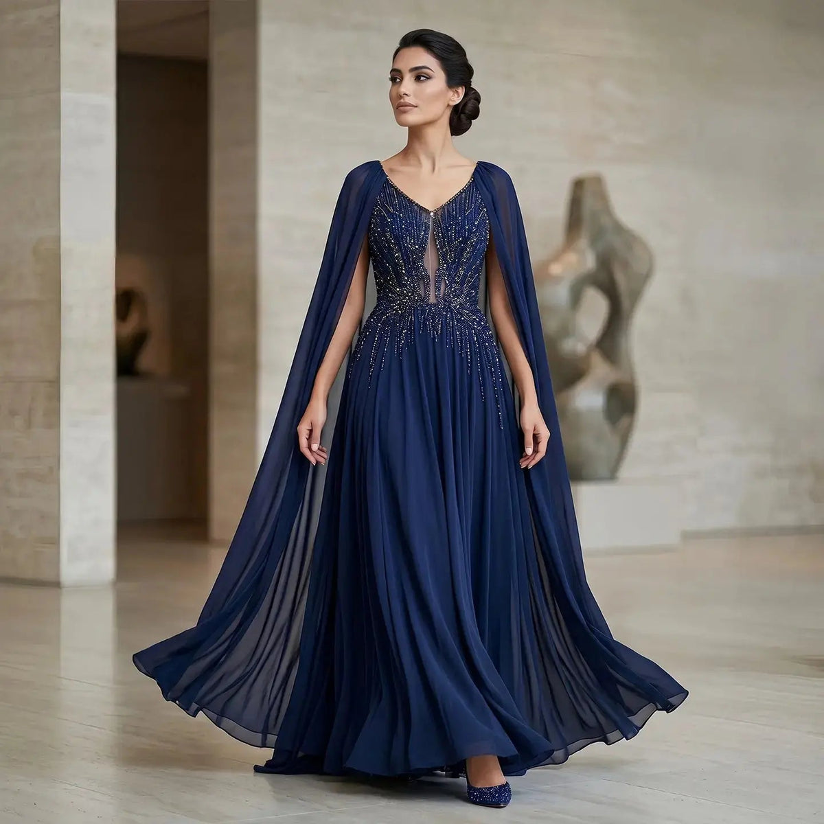 Luxury Purple V-Neck Beaded Chiffon Evening Dress with Cape Sleeves SS053