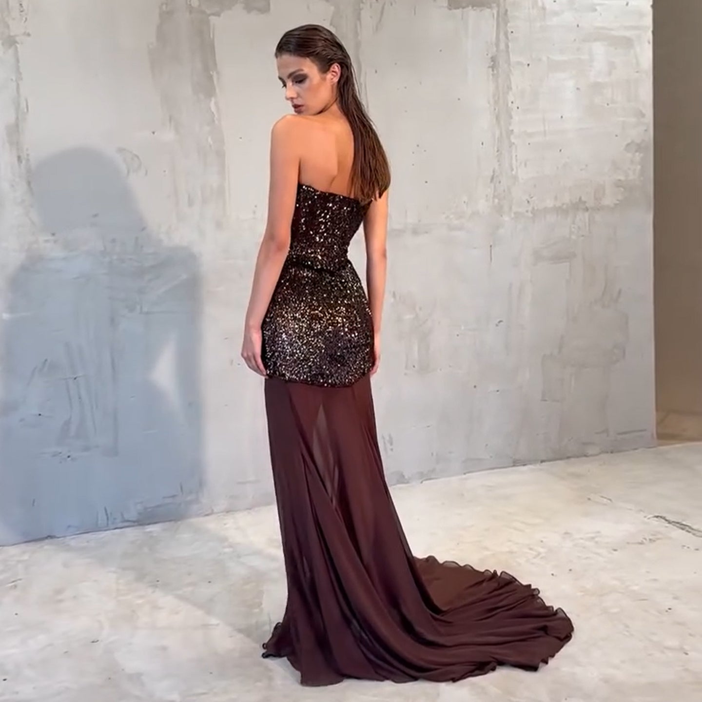 Luxury Brown Sequin Strapless Sheer Panel Evening Dress SF442