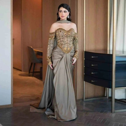 Luxury Gray Embellished Cape Fitted Evening Dress with Scarf SS564
