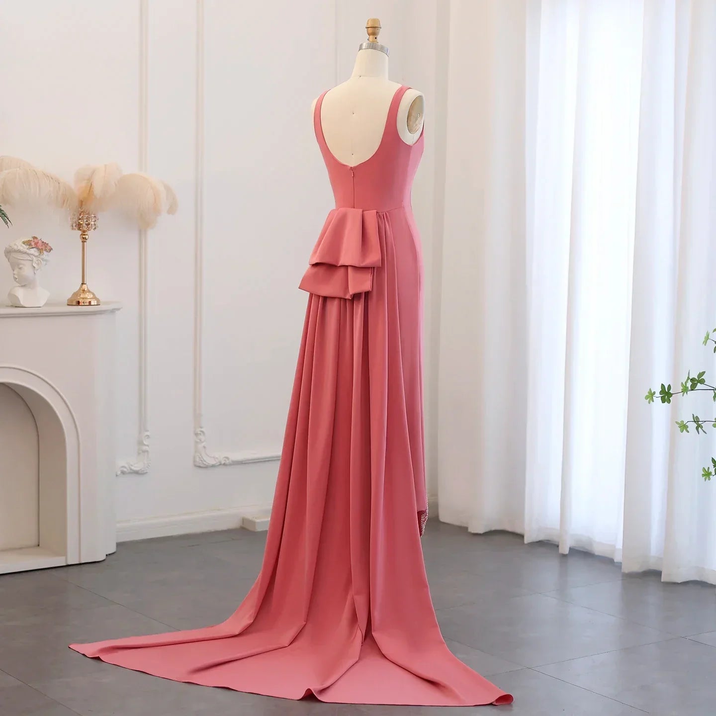 Elegant Beaded Coral Pink Scalloped Evening Dress with Train SS471