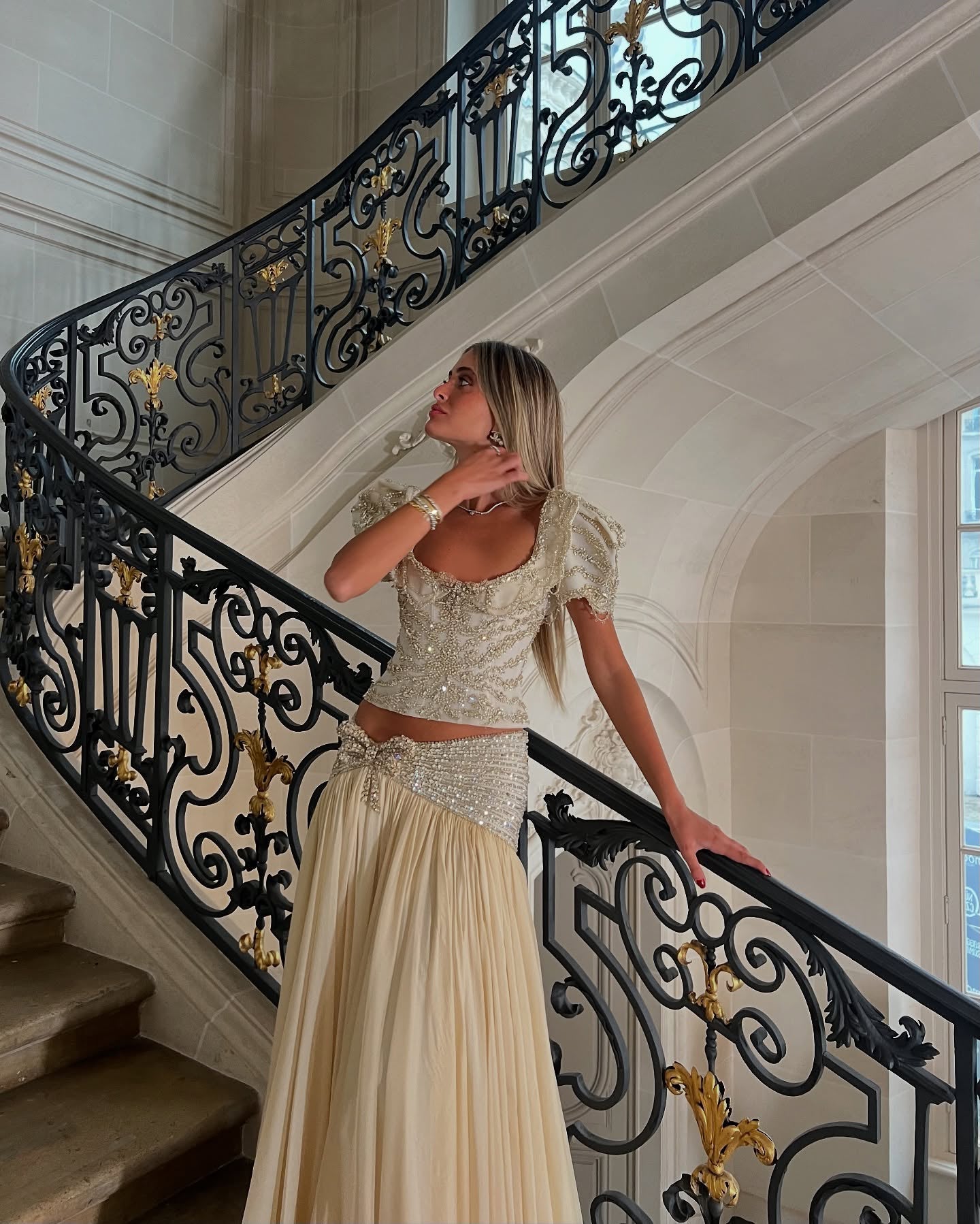 Luxury Champagne Crystal Two-Piece Evening Dress with Puff Sleeves SS544