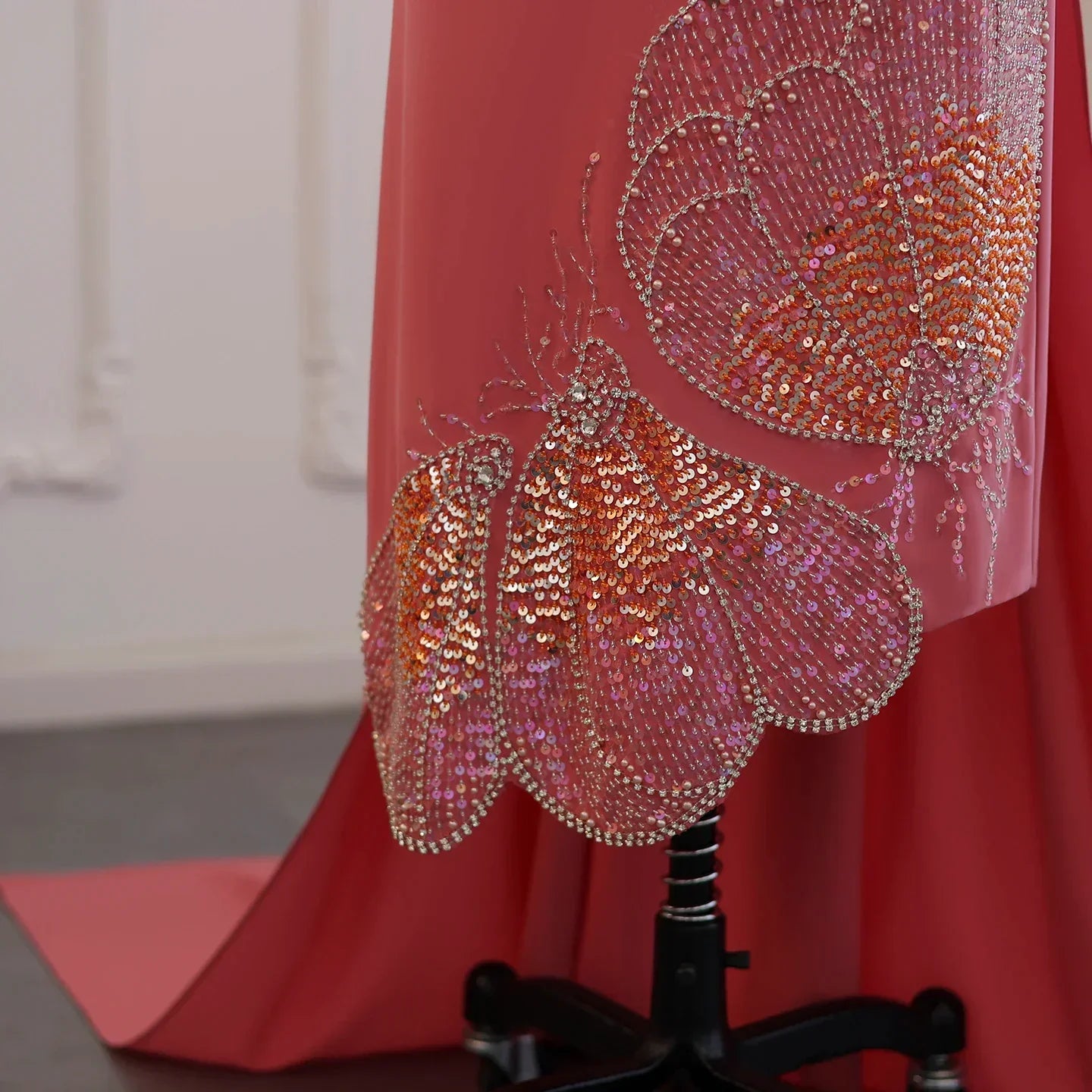 Elegant Beaded Coral Pink Scalloped Evening Dress with Train SS471