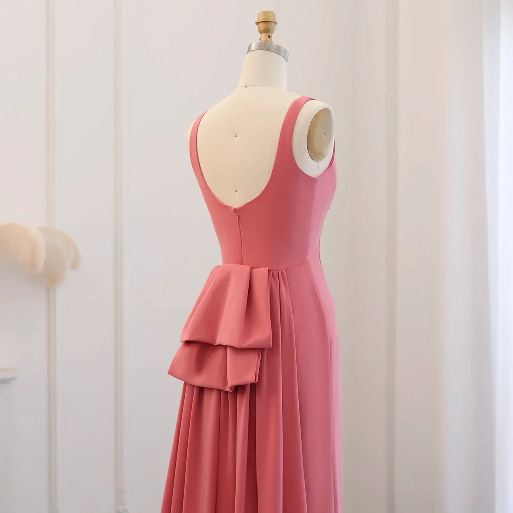 Elegant Beaded Coral Pink Scalloped Evening Dress with Train SS471