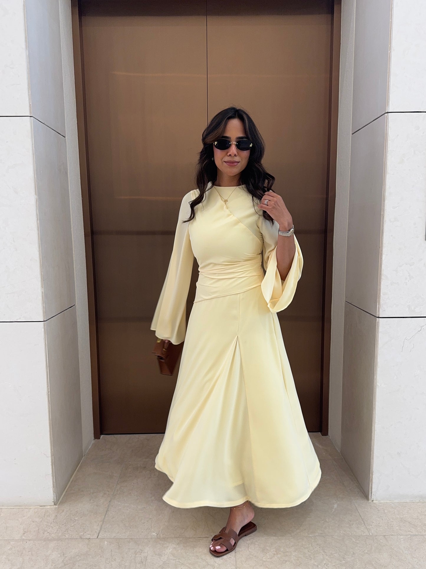 Elegant Yellow Ruched Bodycon Chiffon Long Sleeve Evening Dress SF128