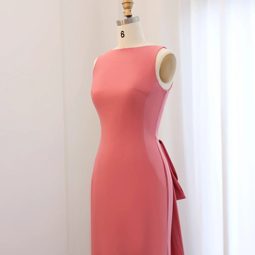 Elegant Beaded Coral Pink Scalloped Evening Dress with Train SS471