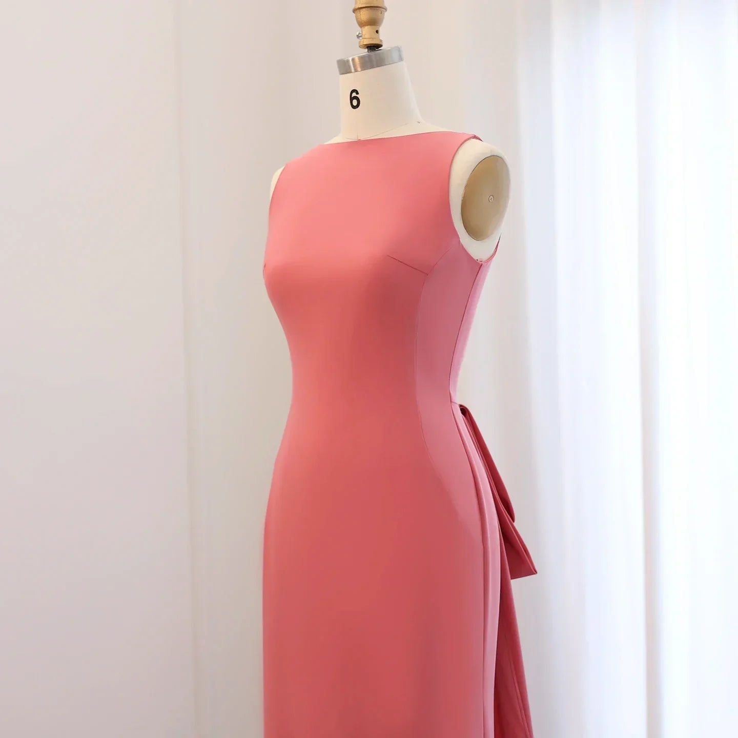 Elegant Beaded Coral Pink Scalloped Evening Dress with Train SS471