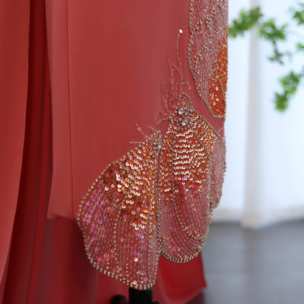 Elegant Beaded Coral Pink Scalloped Evening Dress with Train SS471