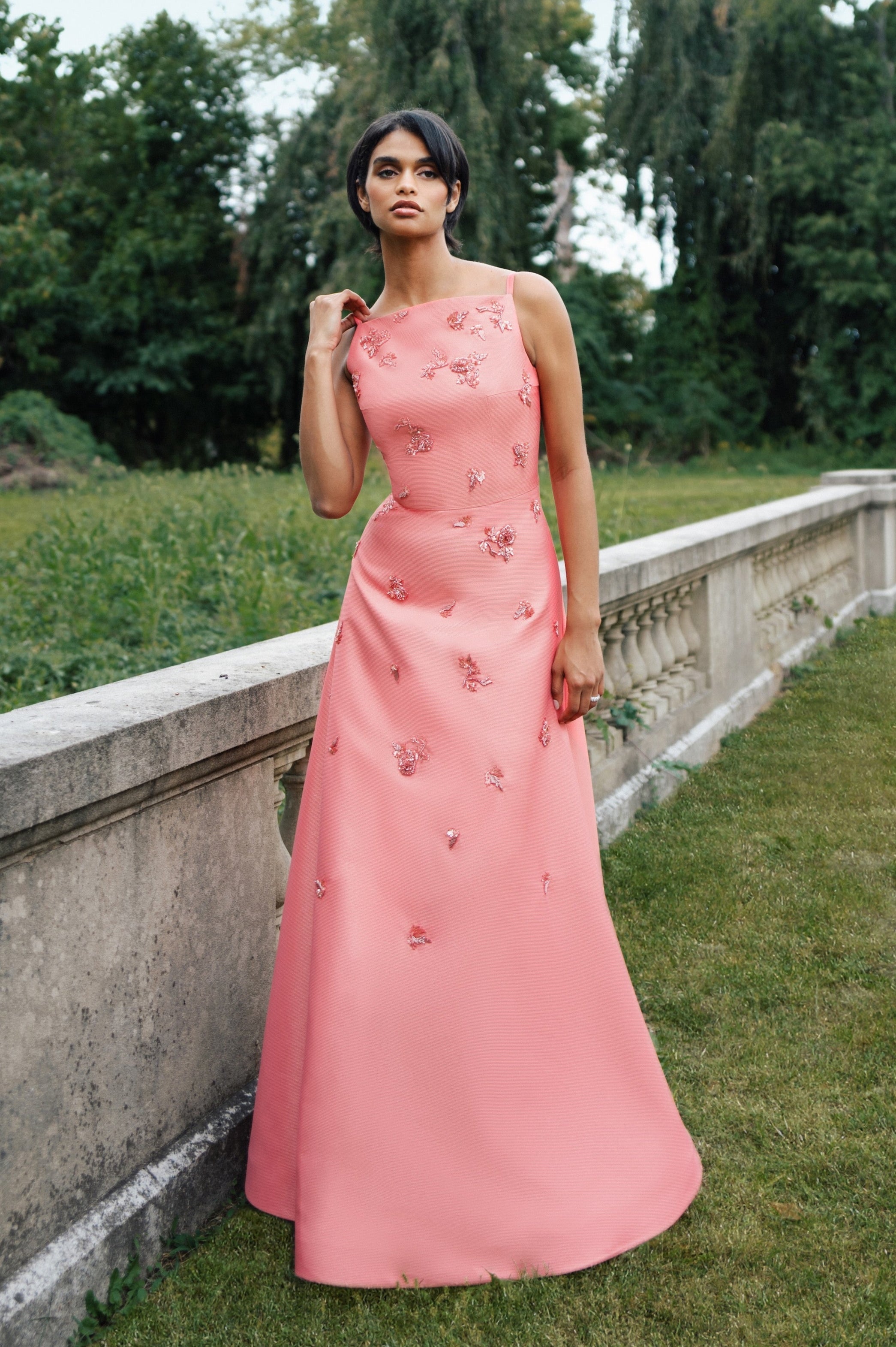 Luxury Rose Pink Beaded Satin Spaghetti Strap Evening Dress SF302
