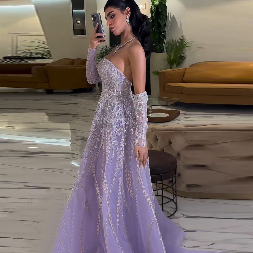 Luxury Beaded Lilac A-Line Strapless Evening Dress with Sleeves SS462