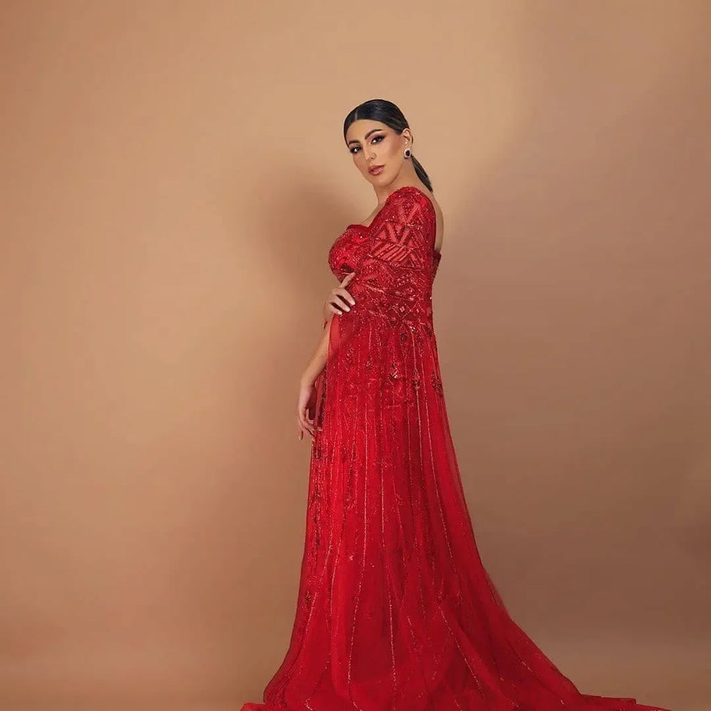 Luxury Wine Red Square Neck Evening Dress with Cape Sleeves SS461