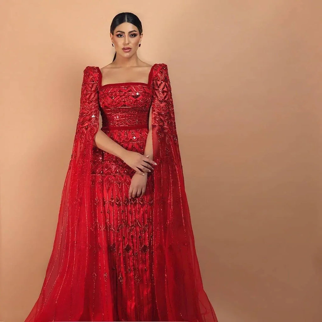 Luxury Wine Red Square Neck Evening Dress with Cape Sleeves SS461
