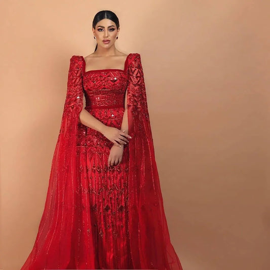 Luxury Wine Red Square Neck Evening Dress with Cape Sleeves SS461