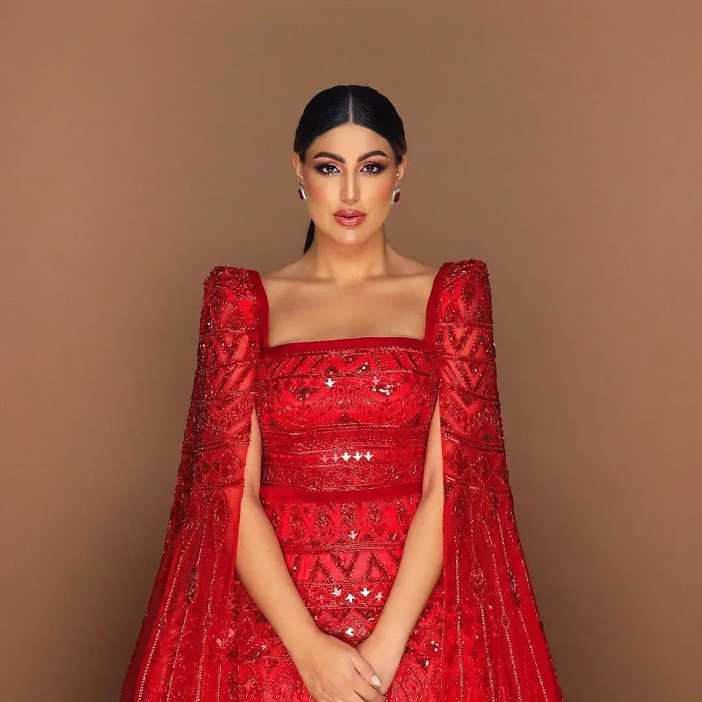 Luxury Wine Red Square Neck Evening Dress with Cape Sleeves SS461