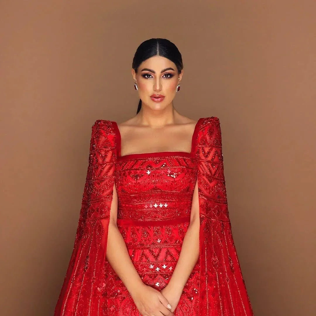 Luxury Wine Red Square Neck Evening Dress with Cape Sleeves SS461