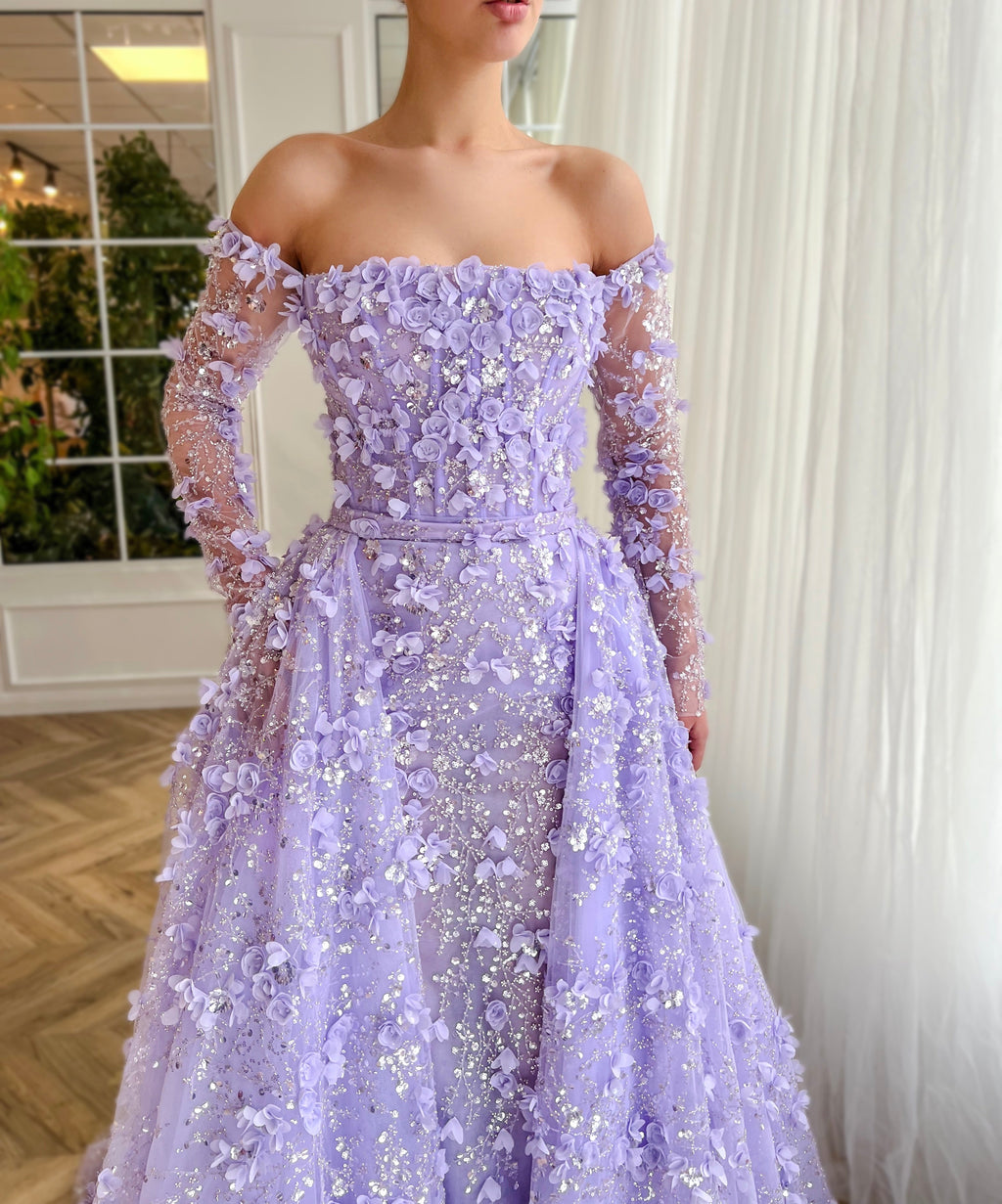 Elegant 3D Flowers Pink Evening Dress with Overskirt SS352