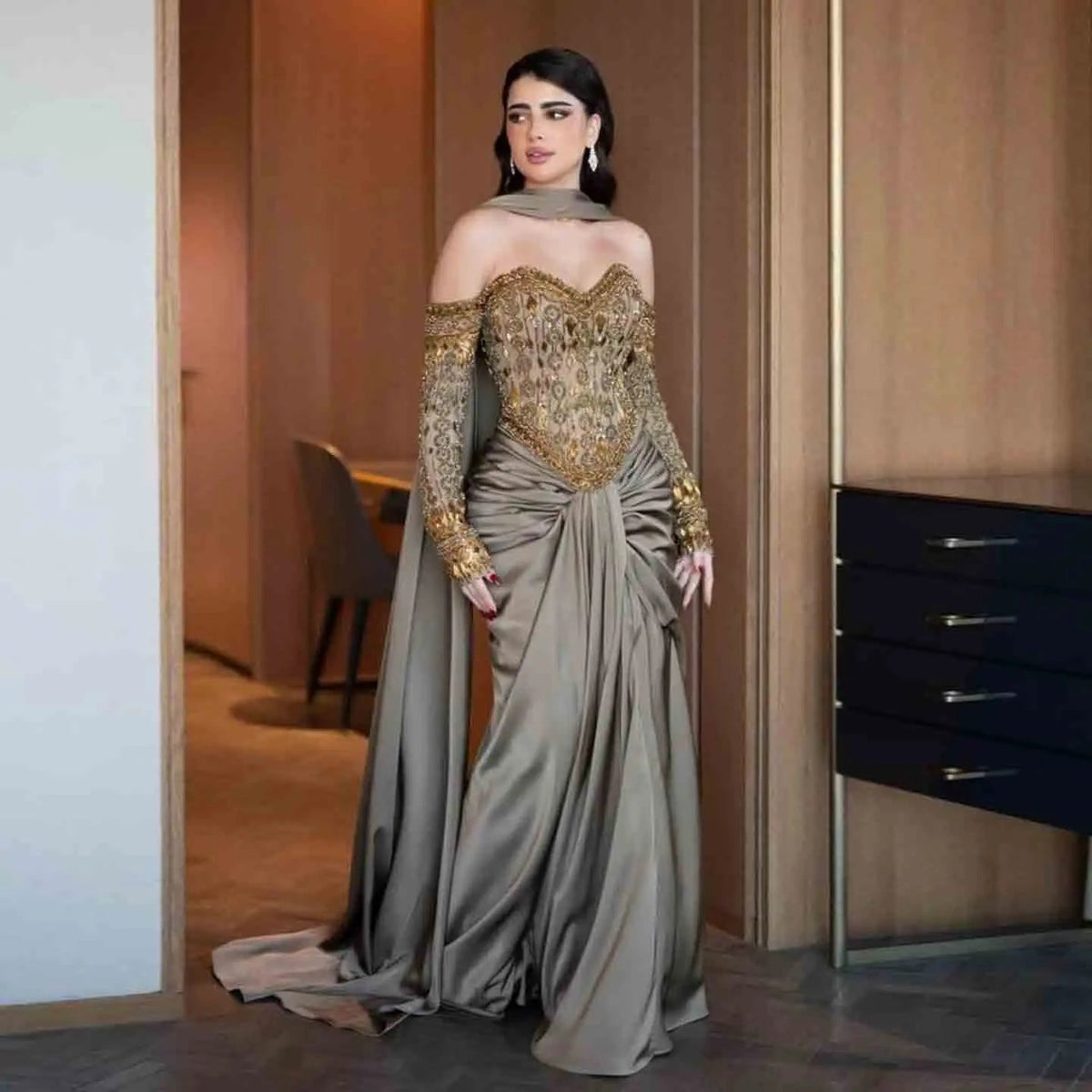Luxury Gray Embellished Cape Fitted Evening Dress with Scarf SS564