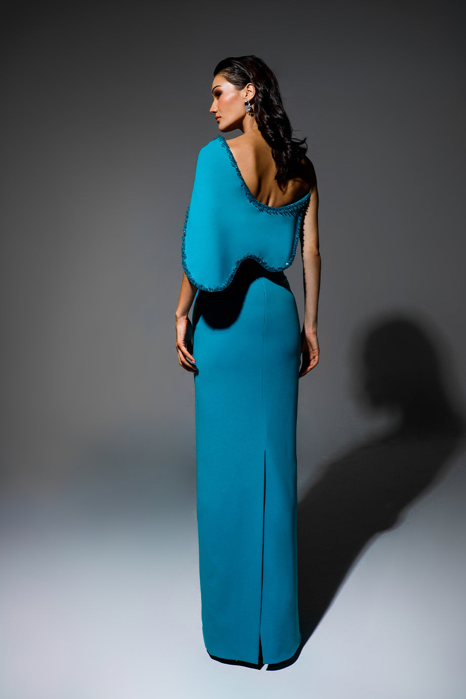 Luxury One-Shoulder Blue Mermaid Evening Dress with Cape SF403