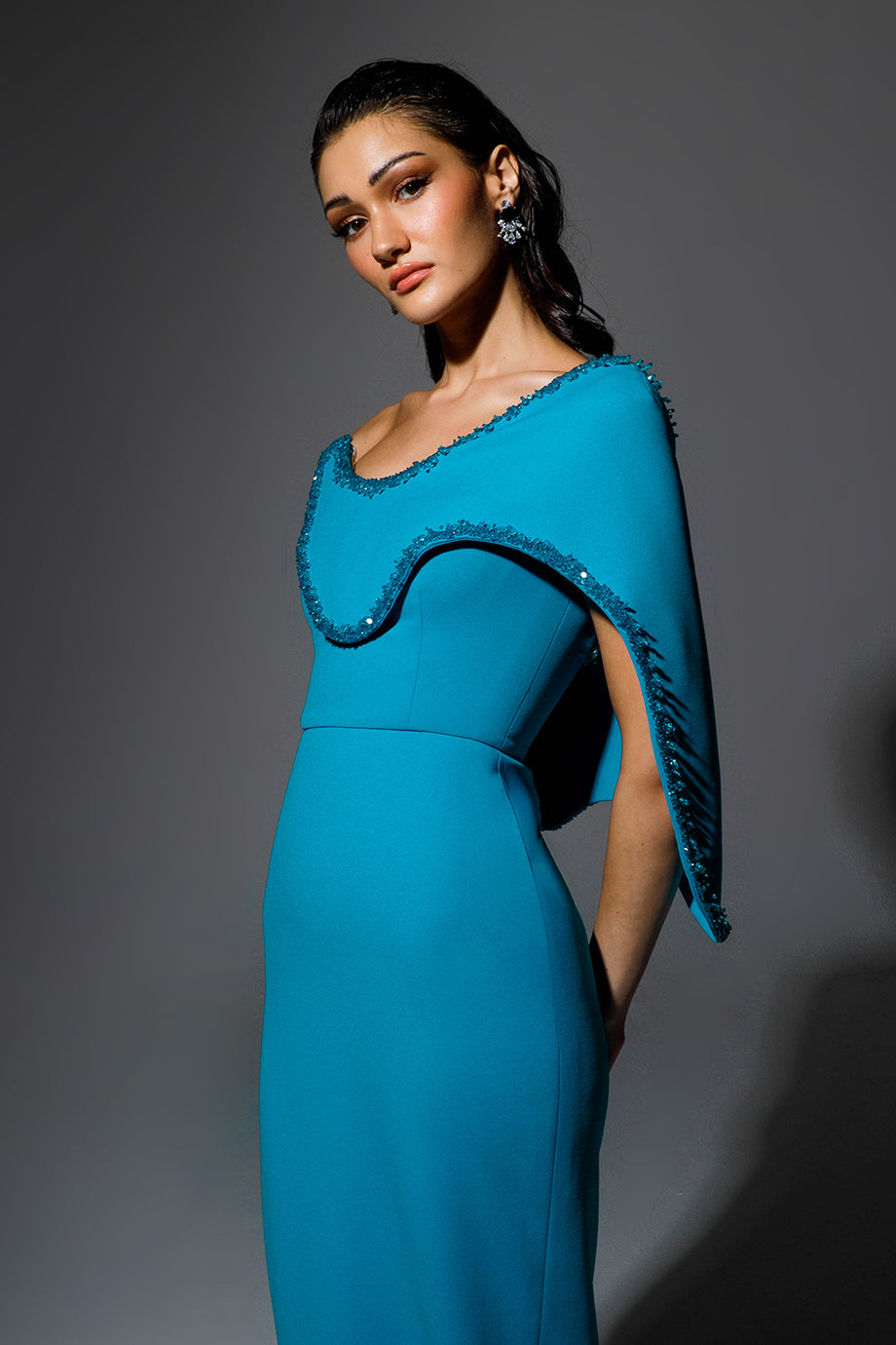 Luxury One-Shoulder Blue Mermaid Evening Dress with Cape SF403