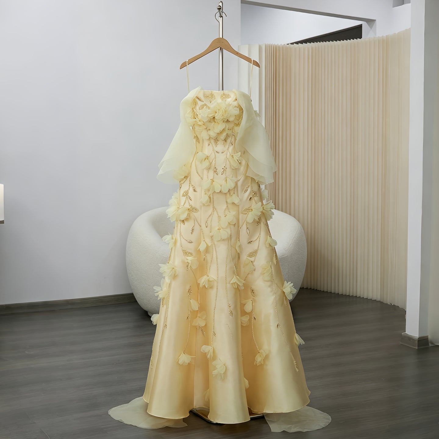 Elegant Yellow Off-the-Shoulder 3D Floral Evening Dress SS505