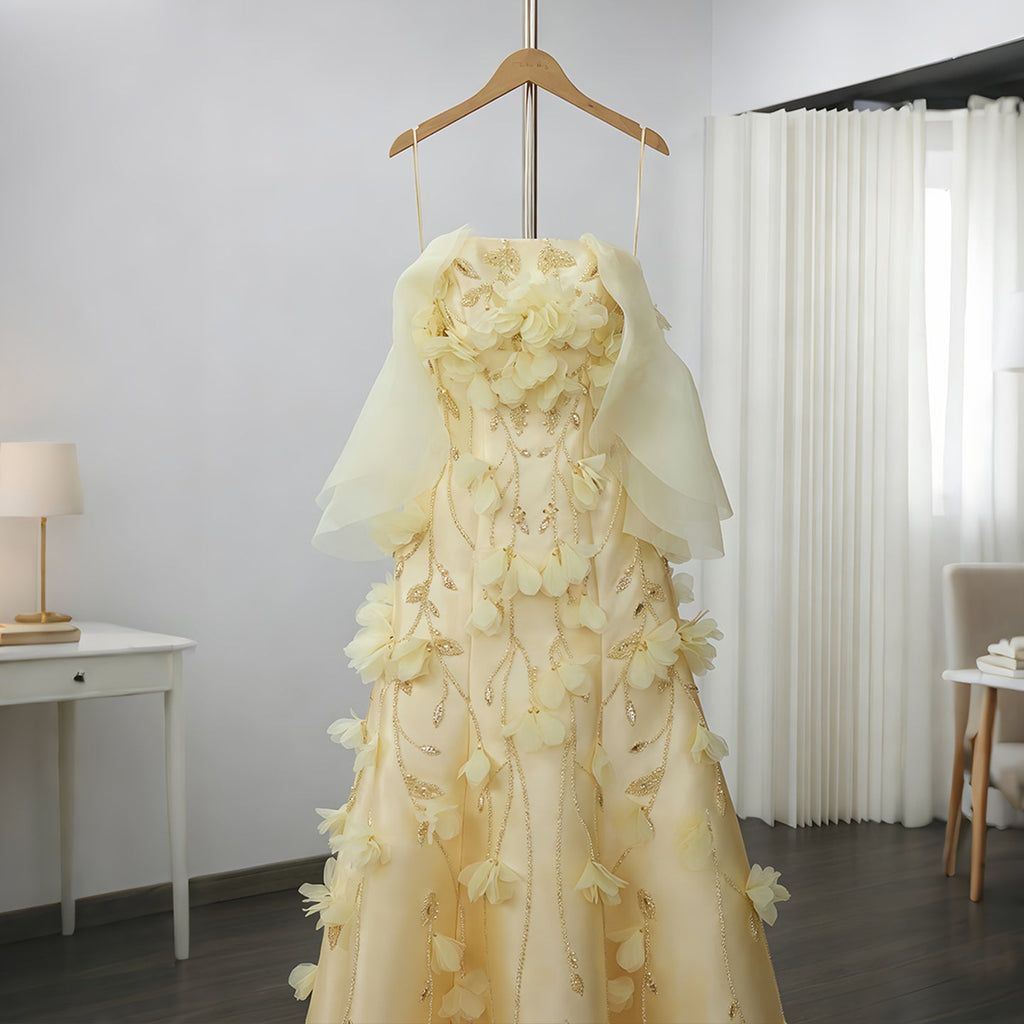 Elegant Yellow Off-the-Shoulder 3D Floral Evening Dress SS505