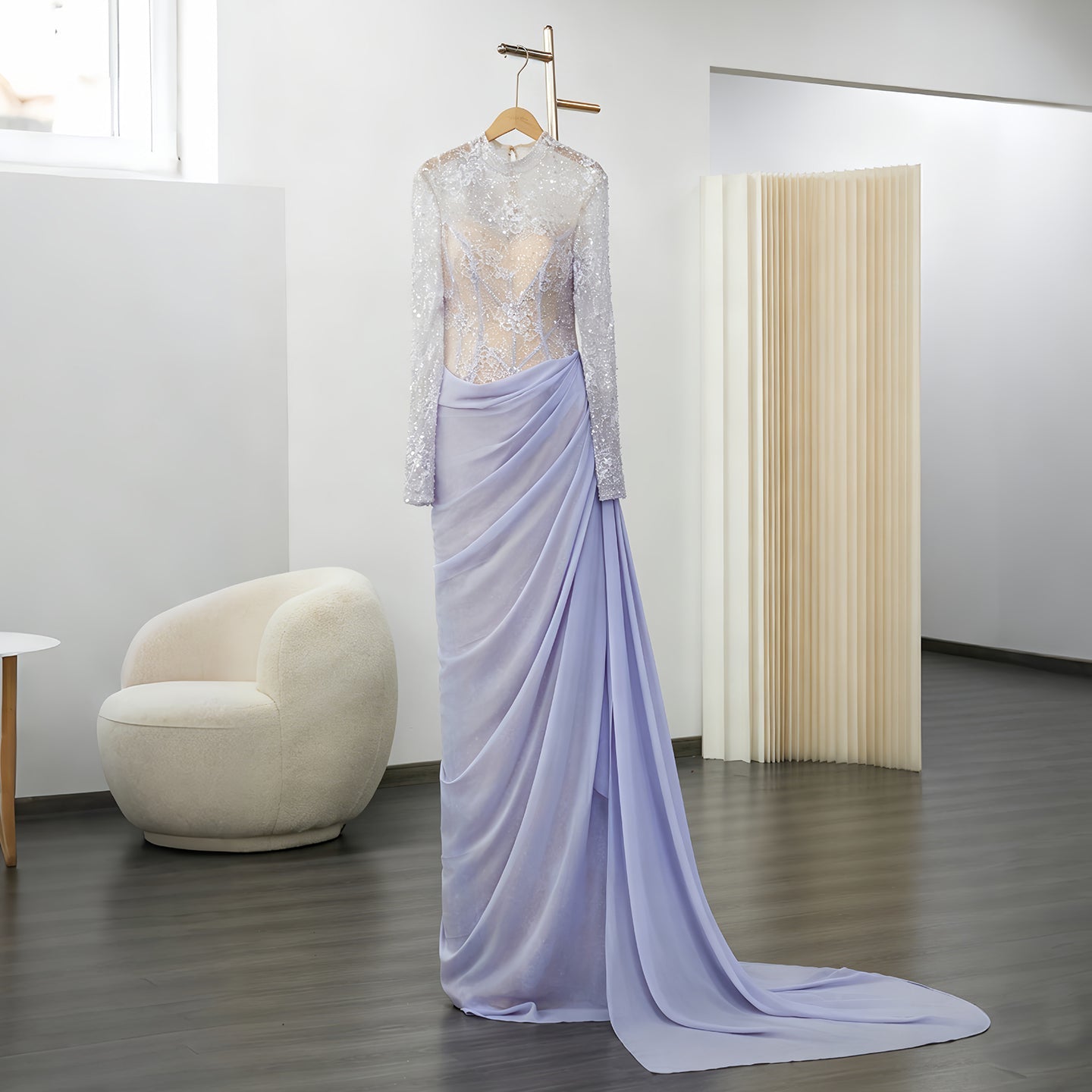 Luxury Violet Sheer Long Sleeve Train Evening Dress with Overskirt SF429