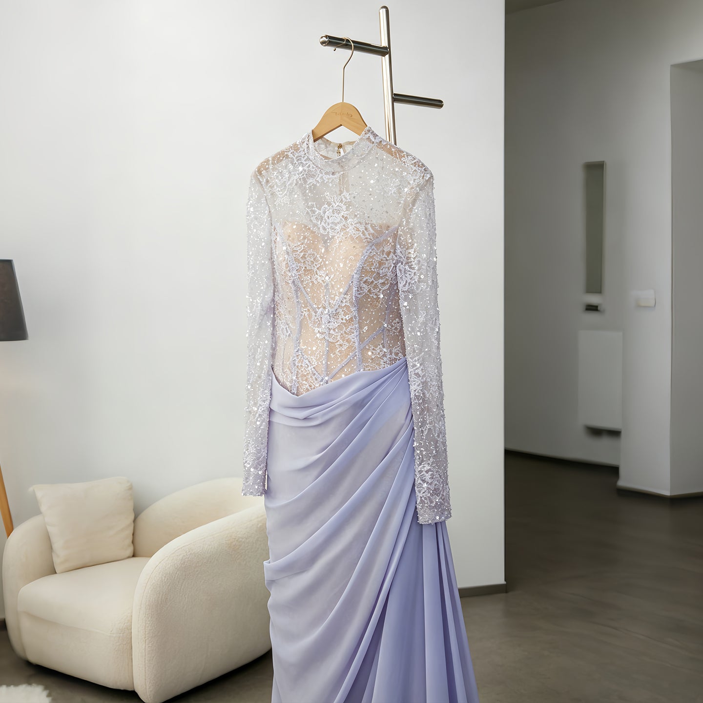 Luxury Violet Sheer Long Sleeve Train Evening Dress with Overskirt SF429