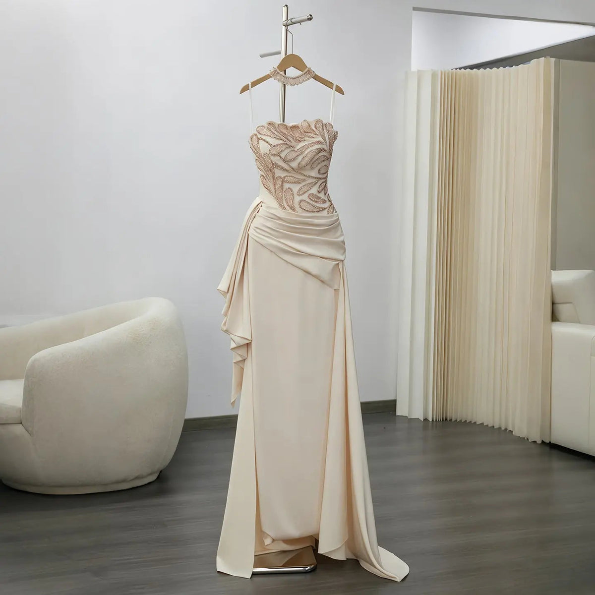 Luxury Beige Strapless Beaded Evening Dress with Overskirt and Scarf SS242