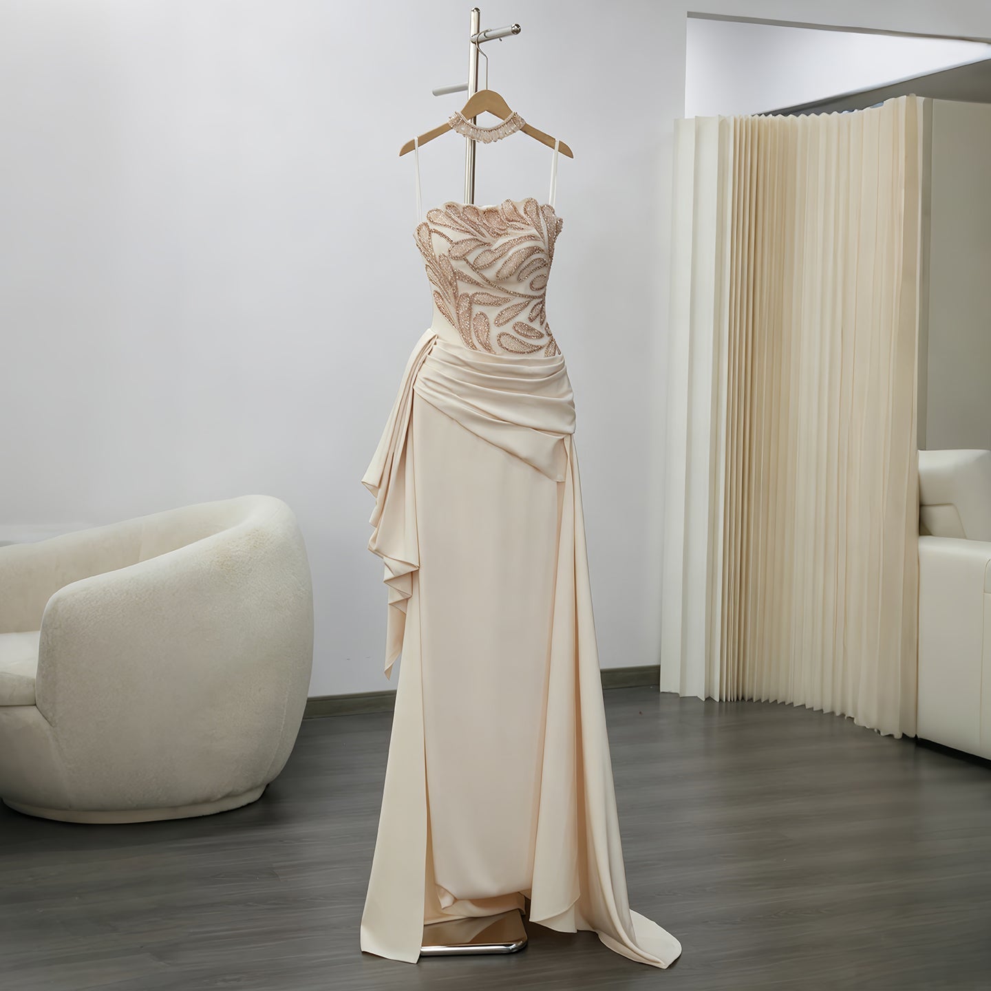 Elegant Beige Strapless Beaded Evening Dress with Overskirt and Scarf SS242