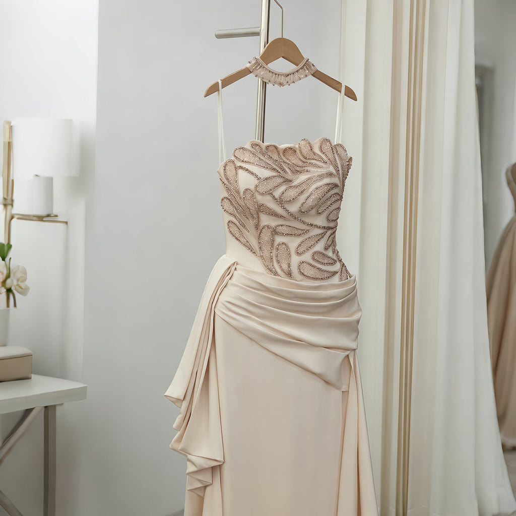 Elegant Beige Strapless Beaded Evening Dress with Overskirt and Scarf SS242