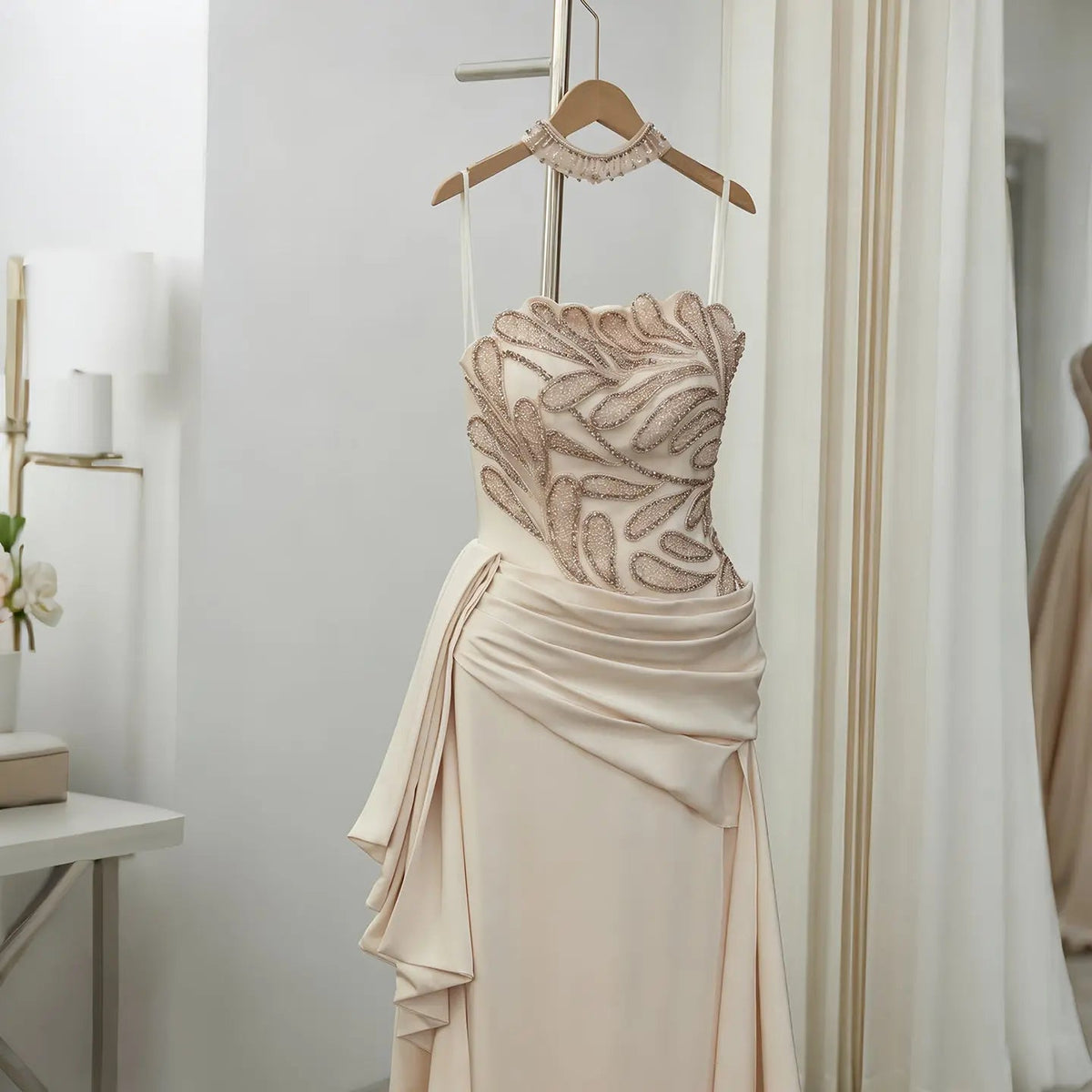 Luxury Beige Strapless Beaded Evening Dress with Overskirt and Scarf SS242