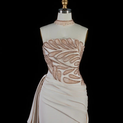 Luxury Beige Strapless Beaded Evening Dress with Overskirt and Scarf SS242