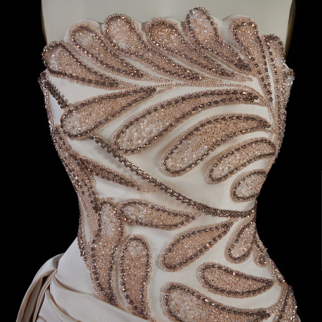Elegant Beige Strapless Beaded Evening Dress with Overskirt and Scarf SS242