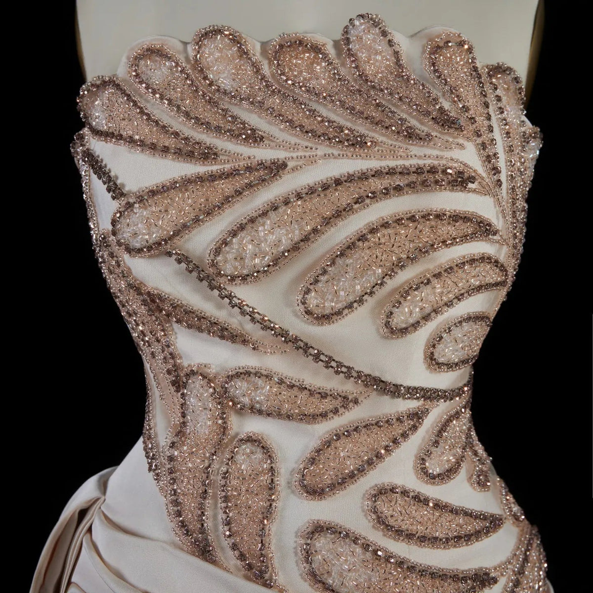 Luxury Beige Strapless Beaded Evening Dress with Overskirt and Scarf SS242