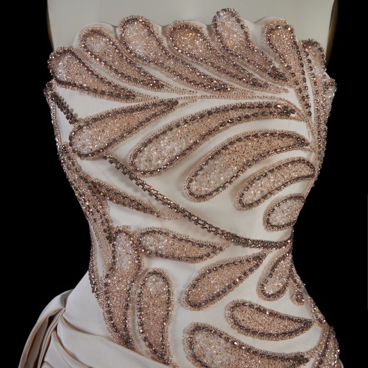 Elegant Beige Strapless Beaded Evening Dress with Overskirt and Scarf SS242
