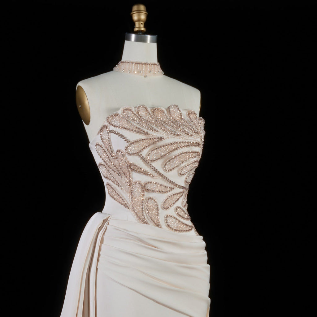 Elegant Beige Strapless Beaded Evening Dress with Overskirt and Scarf SS242