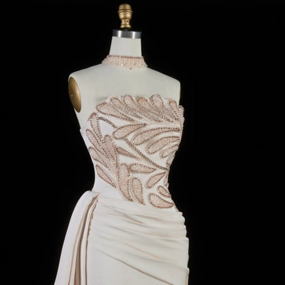 Luxury Beige Strapless Beaded Evening Dress with Overskirt and Scarf SS242