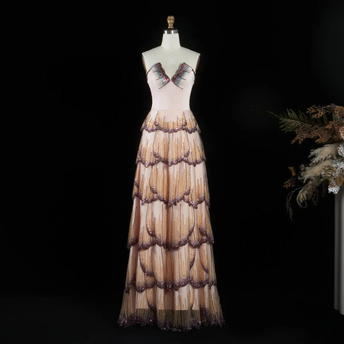 Luxury Mixed Purple Beaded Sequin Tiered Strapless A-Line Evening Dress SS657