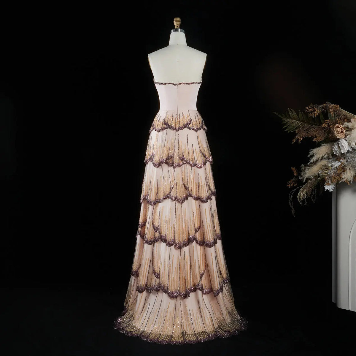 Luxury Mixed Purple Beaded Sequin Tiered Strapless A-Line Evening Dress SS657