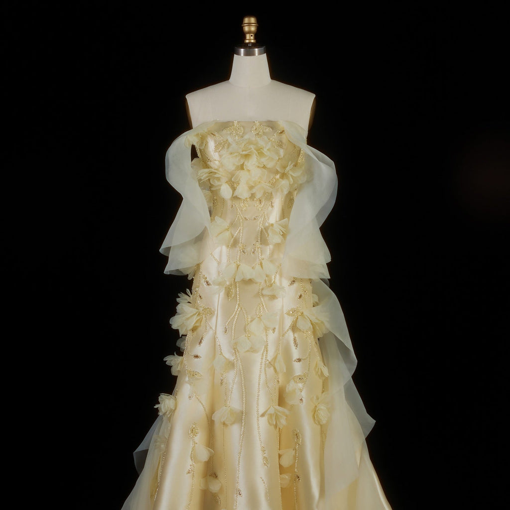 Elegant Yellow Off-the-Shoulder 3D Floral Evening Dress SS505