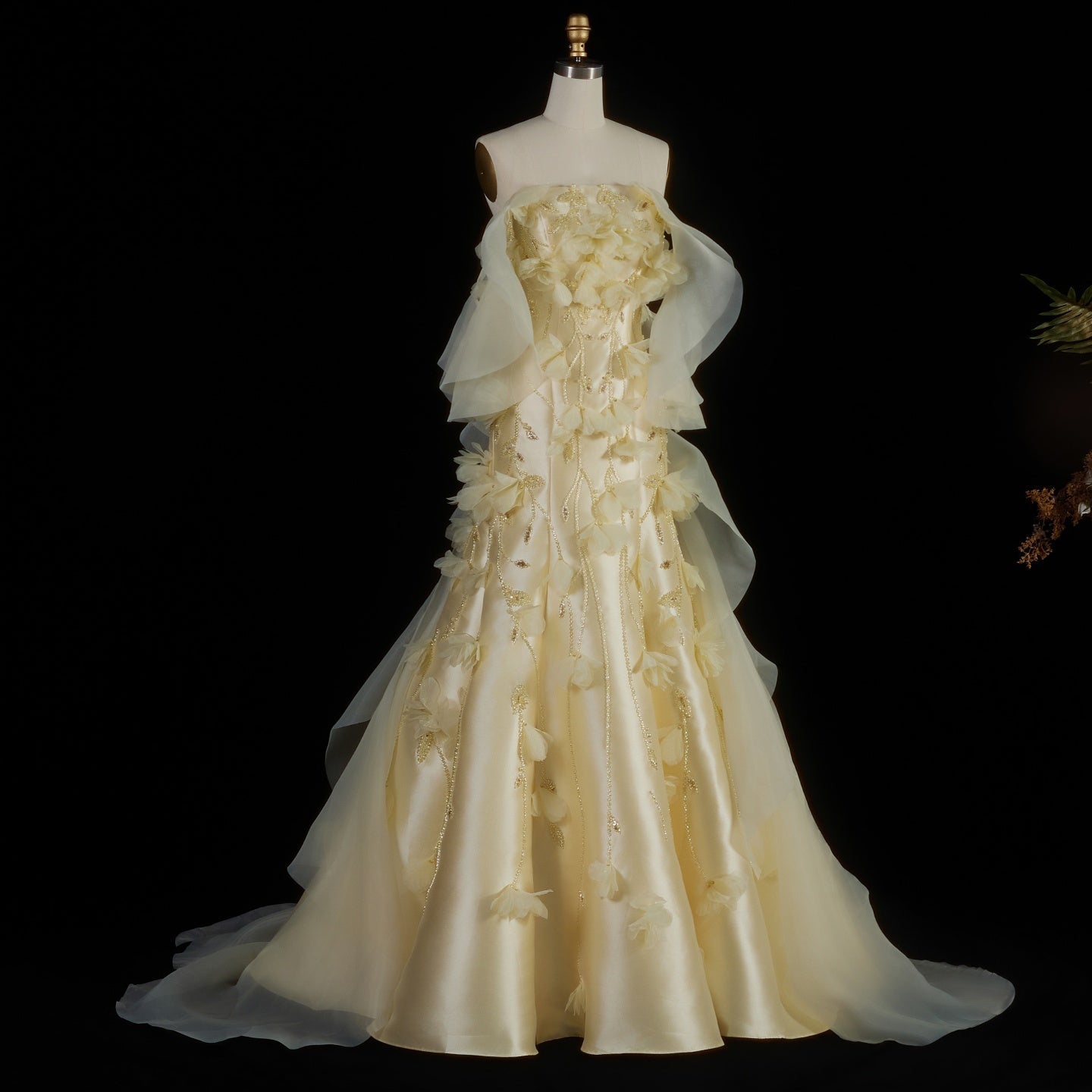 Elegant Yellow Off-the-Shoulder 3D Floral Evening Dress SS505