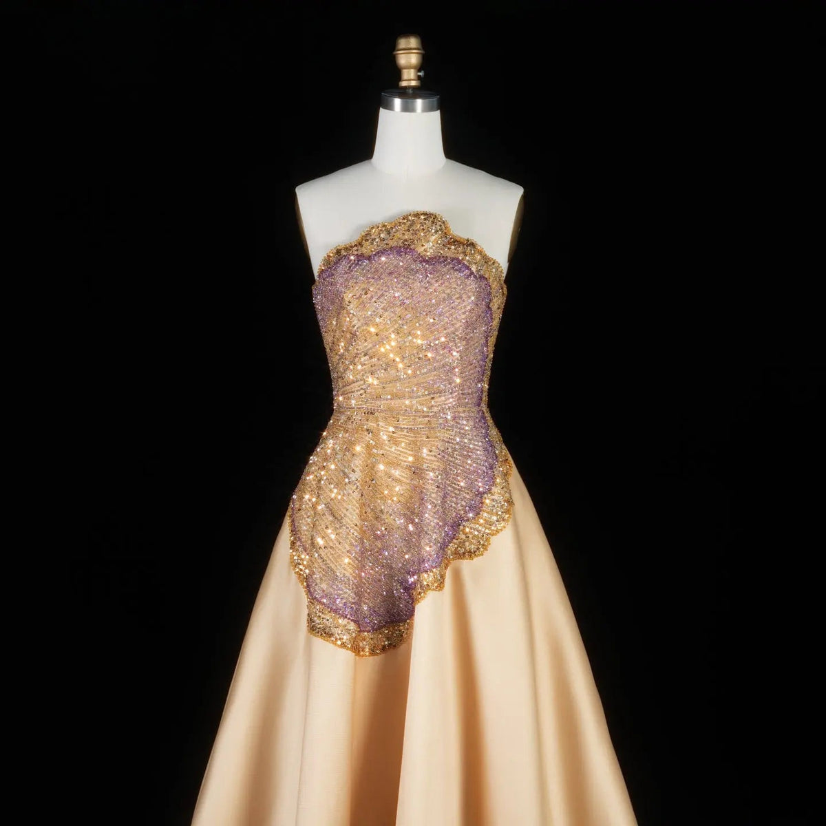 Luxury Strapless Crystal Beaded Evening Dress with Flowing Champagne Satin Skirt SS377