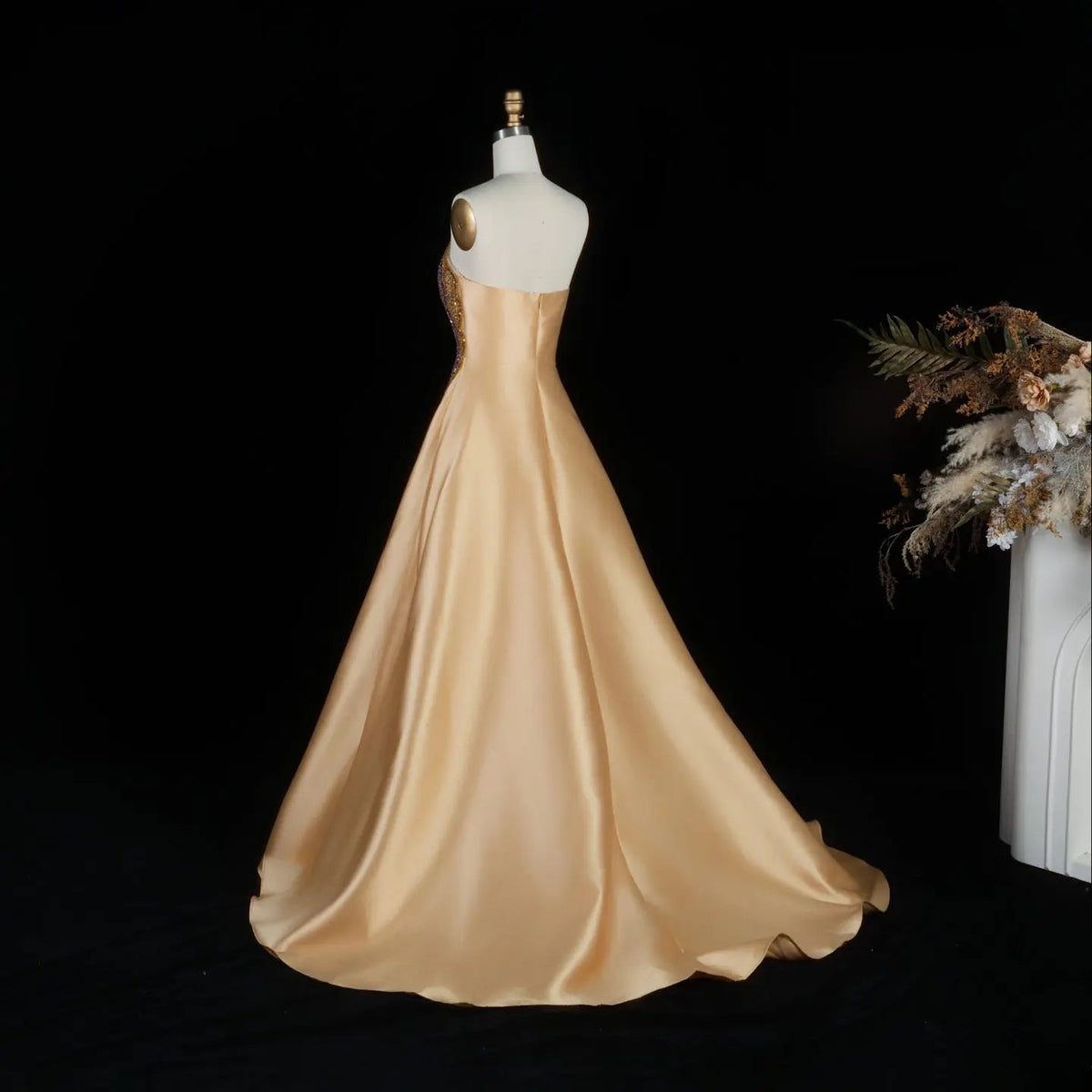 Luxury Strapless Crystal Beaded Evening Dress with Flowing Champagne Satin Skirt SS377