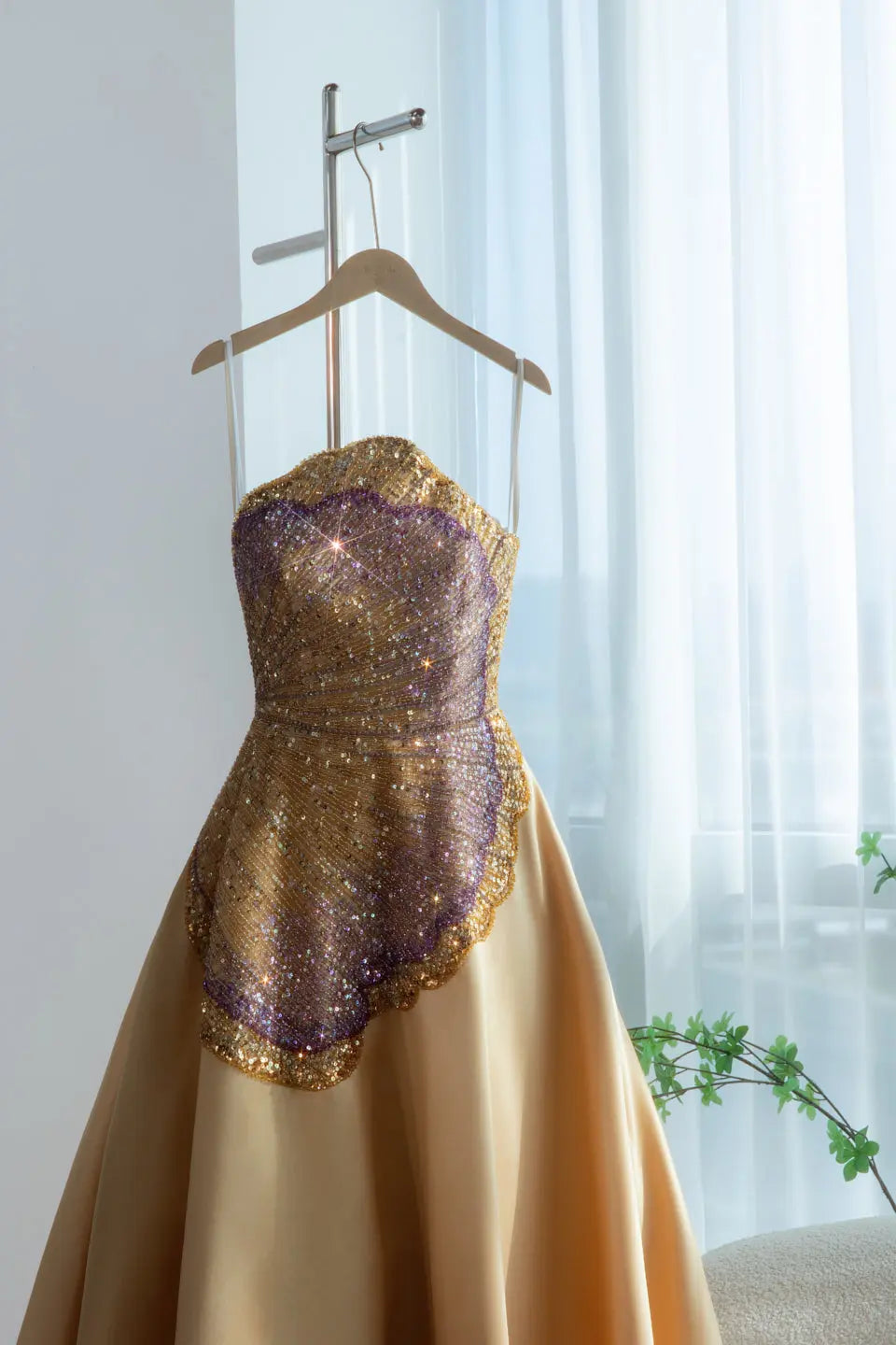Luxury Strapless Crystal Beaded Evening Dress with Flowing Champagne Satin Skirt SS377