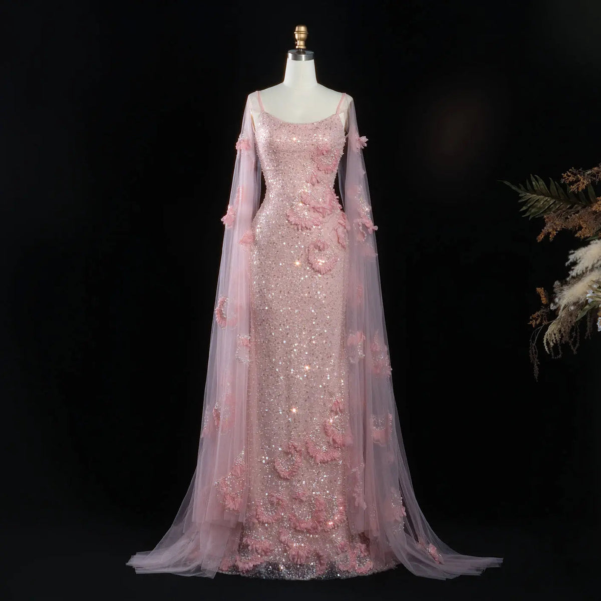 Pink  Sheer Tulle Romantic Mermaid   Sequins 3D Floral Evening Dress  SS472