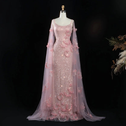 Pink  Sheer Tulle Romantic Mermaid   Sequins 3D Floral Evening Dress  SS472