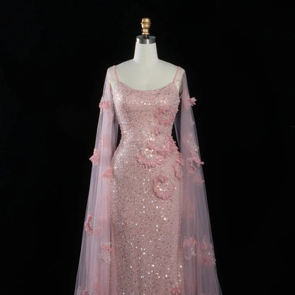 Pink  Sheer Tulle Romantic Mermaid   Sequins 3D Floral Evening Dress  SS472