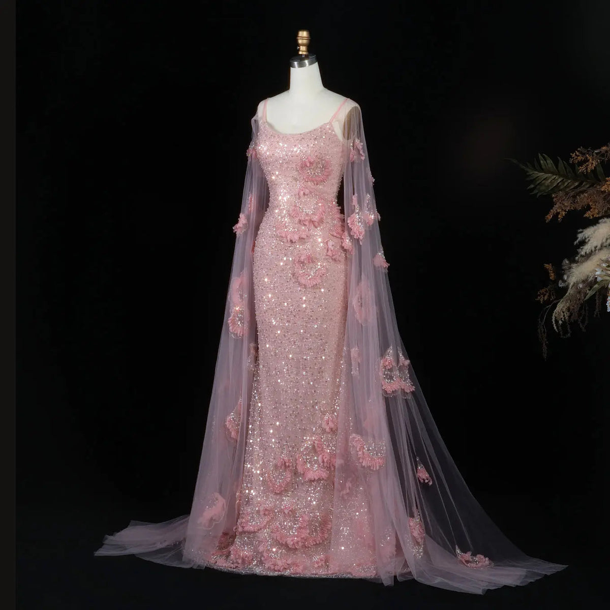 Pink  Sheer Tulle Romantic Mermaid   Sequins 3D Floral Evening Dress  SS472